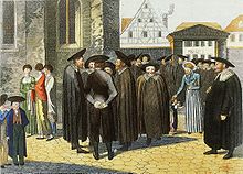 Saturday, scene in front of the synagogue in Fürth, the women (left) wear Empire-style dresses, the men the festive costume of the traditionally living Jews in South and West Germany, Germany c. 1800