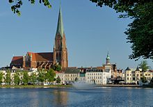 View from the Pfaffenteich to the Schwerin Cathedral and the surrounding Old Town