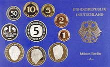 Front sides of the German Mark coins from the year 2000, with the 2-DM coins Ludwig Erhard, Franz Josef Strauß and Willy Brandt