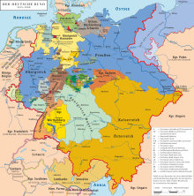 Political map of the German Confederation (1815 to 1866) with 39 founding states