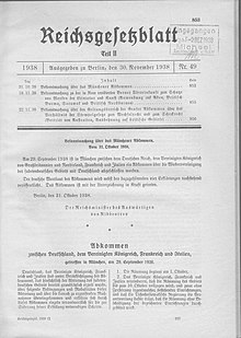 Publication of the announcement on the Munich Agreement of 31 October 1938 in the Reich Law Gazette 1938, Part II, pp. 853 et seq.