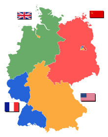 Occupied territories of the later Federal Republic of Germany, German Democratic Republic and Berlin 1945, but excluding the eastern territories of the German Reich under foreign administration