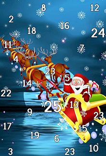 Un calendario de Adviento con una imagen de Papá Noel montado en su trineo