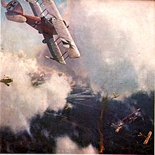 Air combat (oil painting by Michael Zeno Diemer from 1918): German Albatros C.III fighter two-seater comes to the aid of a comrade (bottom right) who is being harassed by British aircraft (possibly Martinsyde G.102) after a British plane has been shot down.