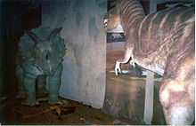 Tyrannosaurus og Triceratops modeller i et forladt hotel, 1949