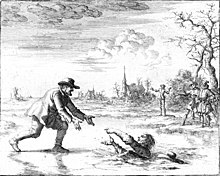 The Anabaptist Dirk Willems saves his pursuer. As a result, he himself can no longer escape and is burned to death. Picture by Jan Luyken (1685)