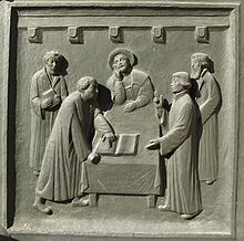 Marburg religious discussion 1529, detail of the Zwingli portal at the Grossmünster in Zurich