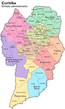 Χάρτης της Curitiba, με τις γειτονιές και τους δήμους.
