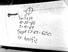The door of Bryan Hartnell's car, inscribed by the Zodiac Killer, 1969.
