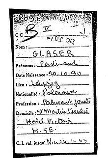 Registration sheet in the transit camp Drancy. The prisoner Ferdinand Glaser arrived on 24 November 1943 and was deported to Auschwitz on 7 December 1943.