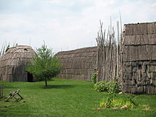 Simplified reconstructed houses from an Iroquois village southwest of Montreal