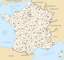 Regio's en departementen van Europees Frankrijk; de nummers zijn die van de eerste kolom.  