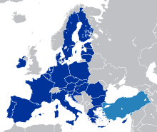 The European Customs Union consists of the EU (dark blue) and the partner states Turkey, Andorra and San Marino (light blue). There is a free trade zone with the EEA states Iceland, Liechtenstein and Norway.