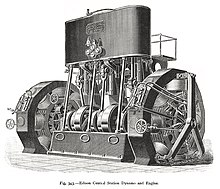 Stoommachine in het midden drijft twee generatoren aan de zijkanten aan, eind 19e eeuw  