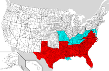 De gebieden die onder de Emancipatieproclamatie vallen zijn in het rood. De niet afgedekte slavenverblijven zijn in het blauw.