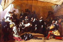 "De inscheping van de Pilgrims uit Delfthaven in Nederland" (1844) door Robert Walter Weir