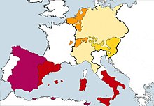 Domain of Charles V. Wine red: Castile Red: Aragonese possessions Orange: Burgundian possessions Yellow: Austrian hereditary lands Pale yellow: Holy Roman Empire