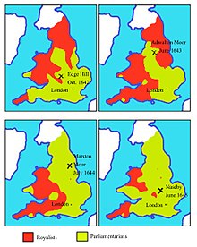 Mapy území držených roajalisty (červeně) a parlamentáři (zeleně) během první anglické občanské války.