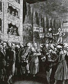 Mozart (centro) assistiu a uma apresentação do Die Entführung aus dem Serail em Berlim, em 1789.