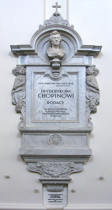 Column with Chopin's heart in the Church of the Holy Cross in Warsaw. Carrara marble epitaph (1880) by Leonard Marconi (1835-1899).