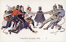 Cartoon on Italian neutrality in the tug of war between the Entente and the Central Powers (1914)
