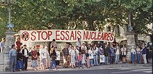 Demonstracija prieš branduolinius bandymus Lione, Prancūzijoje.