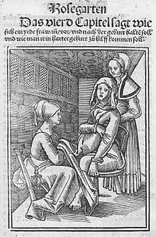 En kvinna som föder på en förlossningsstol, cirka 1515  