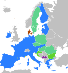 Germany is part of the European Single Market. Together with 18 other EU member states, it forms a monetary union, the Eurozone (blue).