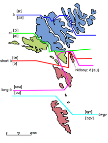 The most important isoglosses and main dialects of Faroese. The isoglossic marked in red divides Faroese into a northern and a southern dialect and is considered the main isoglossic. The main dialects are coloured flat: North Island dialect Tórshavn dialect South Island dialect