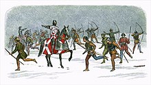 Изображение от XIX в. на граф Кент, чичо на граф Уоруик, начело на стрелците в битката при Таутън.  