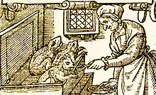 Oude tekening van een vrouw die imps voedt