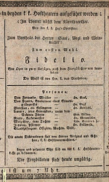 Fidelio , Playbill van de wereldpremière, Wenen, Kärntnertortheater, 23 mei 1814