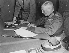 Field Marshal Wilhelm Keitel signs the ratifying surrender document in Berlin-Karlshorst in 1945