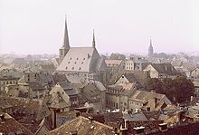 View over the roofs of Weimar to the town church of St. Peter and Paul (Herderkirche), in the background the Jakobskirchturm (photo from about 1963)