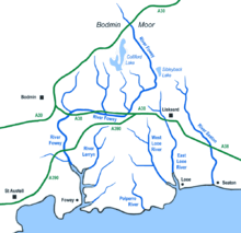 Mapa esquemático del río Fowey y de los ríos vecinos en Cornualles - haga clic para ampliarlo