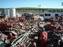 Fracking rig owned by Halliburton at the head of a well in the Bakken formation in the state of North Dakota