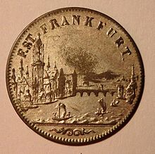 City view of Frankfurt a. M. on 6 cross coin from 1854