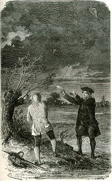 Benjamin Franklin's kite experiment during a thunderstorm: He was the first to interpret lightning as gigantic sparks.