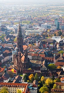 Freiburg seen from the Schlossberg tower, in the foreground the Freiburg cathedral