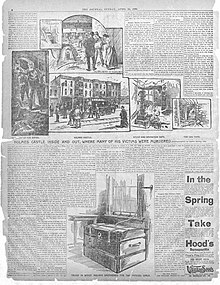 12 april 1896 William Randolph Hearsts "The Journal" som visar upptill scener från Holmes "Murder Castle" och nedtill den koffert som Holmes använde för att döda systrarna Petzel.  
