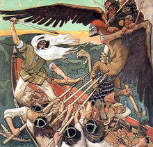In questo dipinto Väinämöinen è la persona a sinistra con una spada. Combatte contro Louhi, leader malvagio di Pohjola
