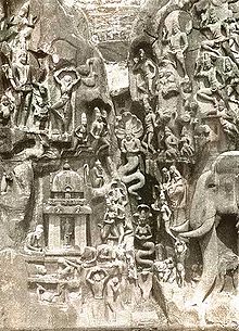 Relief of Mamallapuram. Above left a man in Vrikshasana