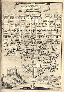 Family tree from the Arboretvm genealogicvm of 1635 with the attempt to trace back almost all European ruling dynasties to the descendants of Rudolf of Habsburg