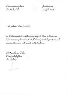 Letter of congratulations from an employer on the 75th birthday of a former employee, 1998