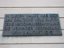 Commemorative plaque to the Weimar National Assembly at the Great House of the German National Theatre