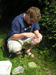 A player shortly after finding a geocache.