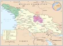 Kaart van Georgië met de betwiste gebieden Abchazië en de regio Tskhinvali (Zuid-Ossetië)  