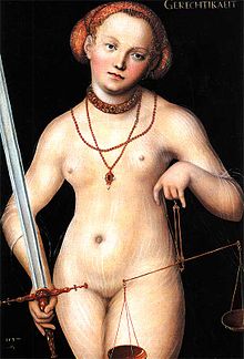 Justice as naked woman with sword and scales. Lucas Cranach the Elder 1537