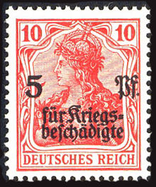 Ensimmäisen maailmansodan uhreille annettu Saksan keisarikunnan puolipostimerkki, 10 + 5 penniä, 1919.
