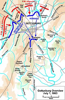 Fighting on the first day. red: Confederate troops blue: Union troops